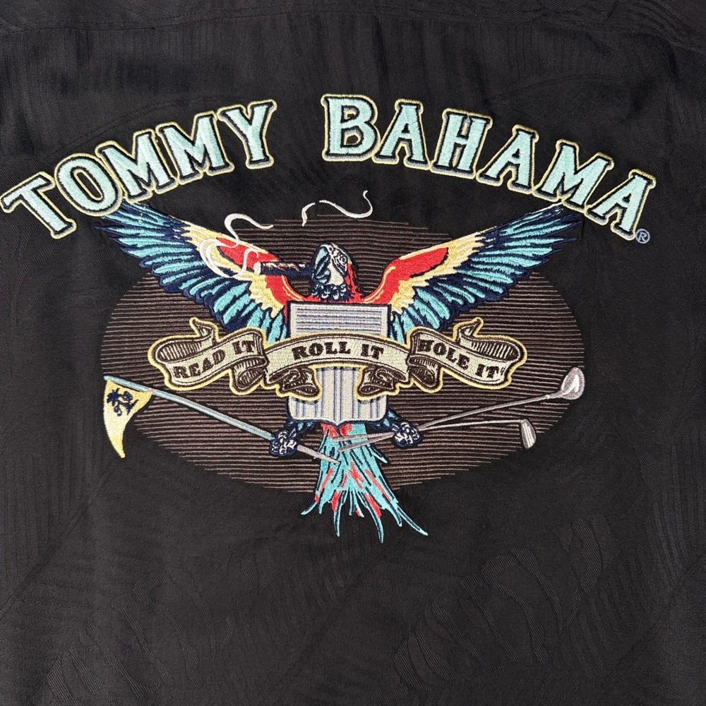 Tommy Bahama Silk Camp Shirt Parrot Golf Embroidered Black Jacquard Mens Medium